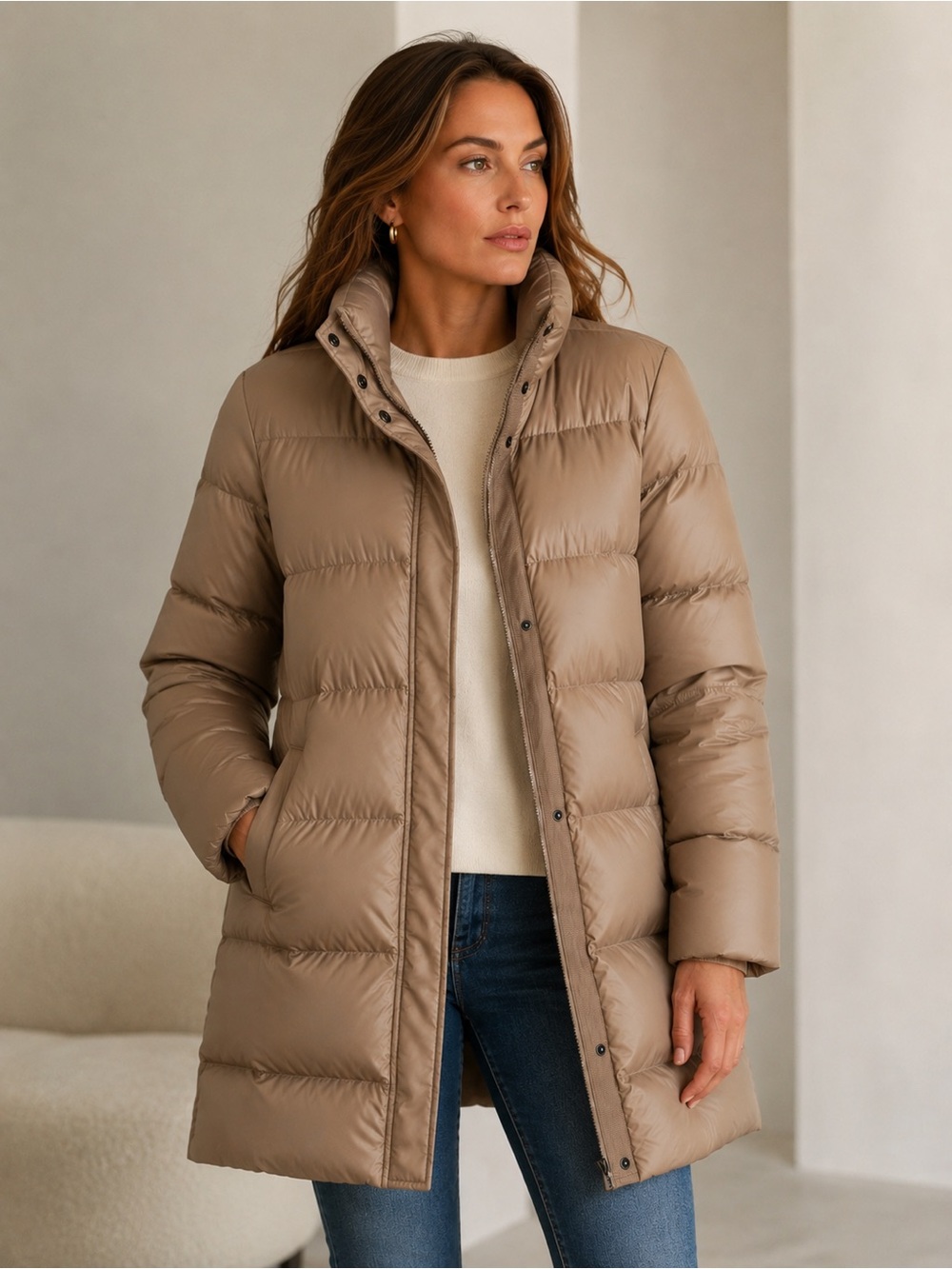 32 Degrees Long Quilted Puffer Coat in Camel Brown